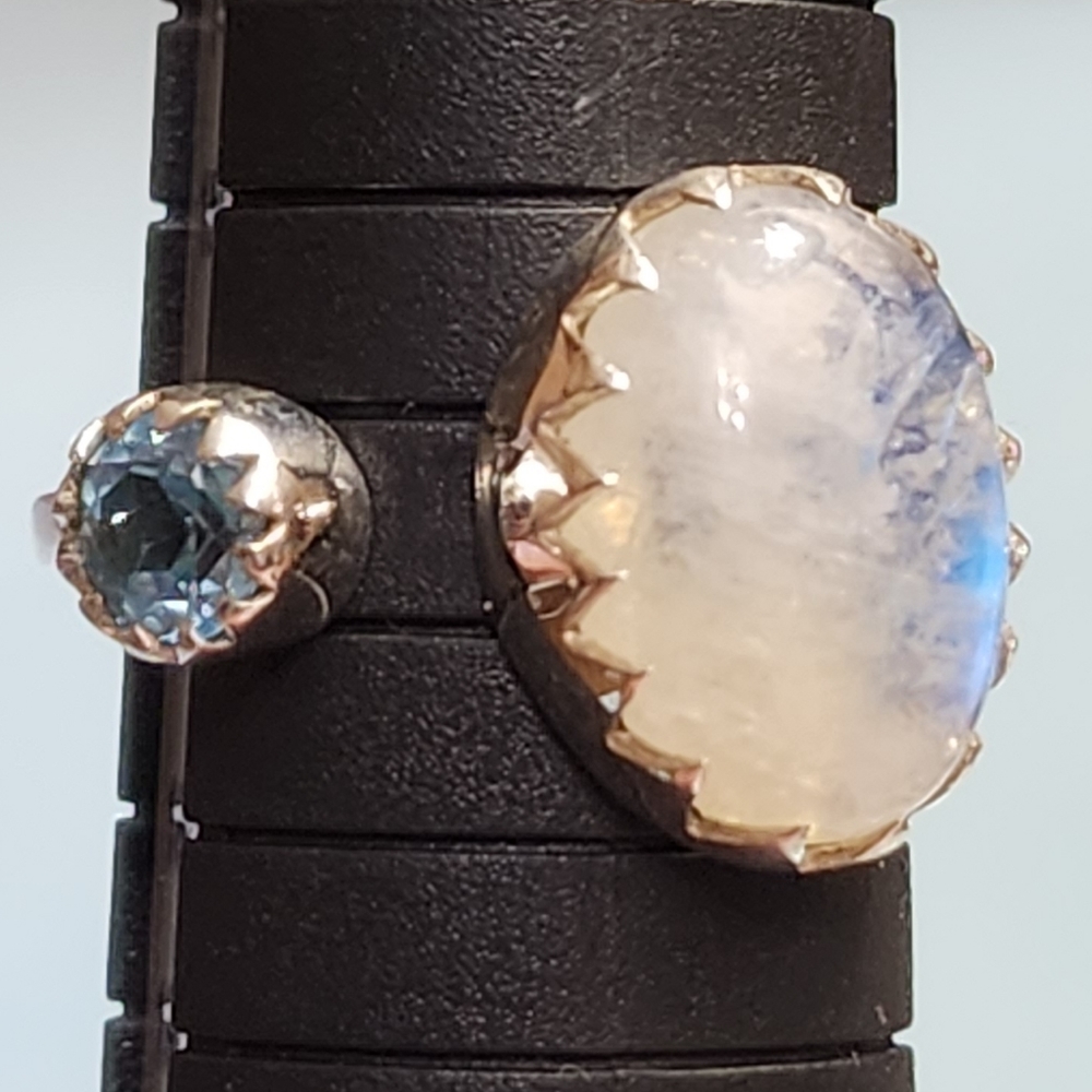 Moonstone, Blue Topaz, and Sterling Silver Open Crown Ring NWOT